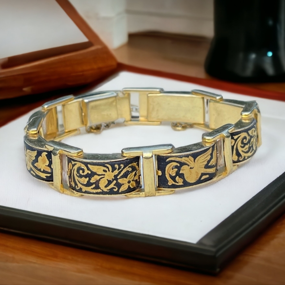 Vintage Damascene Gold and Black Engraved Link Bracelet - Vintage